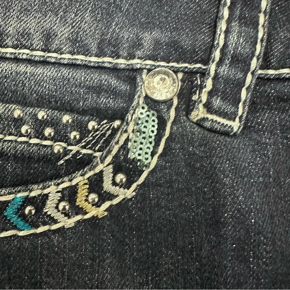 Warehouse Premium Denim Dark Blue Slim Embellished Denim Capris 14 - Picture 4 of 10